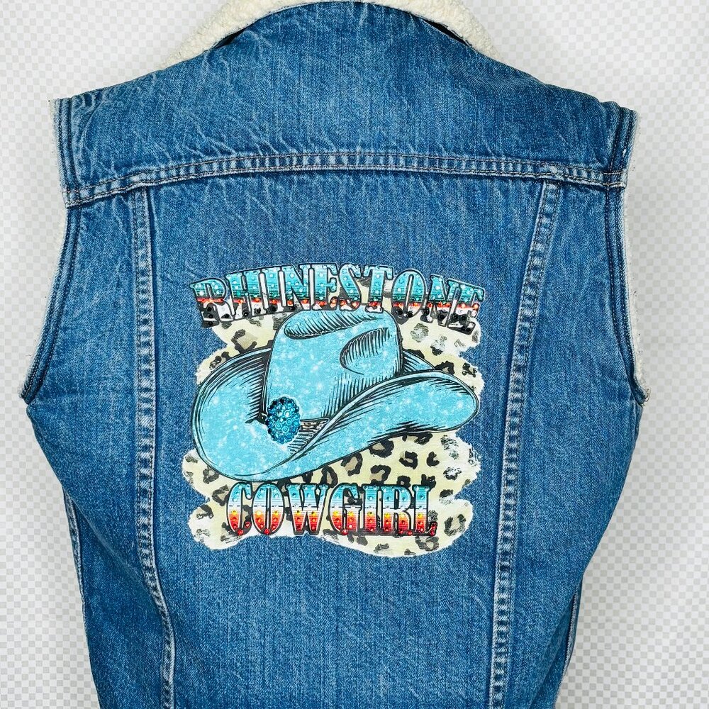 UpCycled Western Sherpa Jean vest w/cowboy hat applique accented w/Rhinestones L
